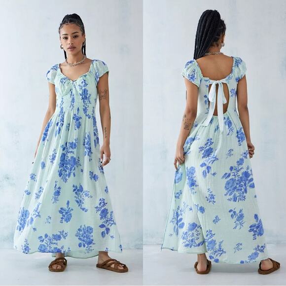 FREE PEOPLE Milkmaid Midi Dress Sundress Blue Floral Gauzy CottageCore Cotton M - Picture 3 of 13
